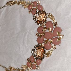 Stunning Floral Statement Bib Necklace with Pink Mauve Cabochons & Gem Rosettes
